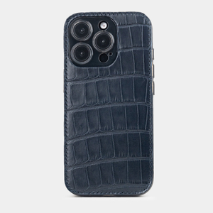 Чехол-накладка кожаная для iPhone 16 Pro, аллигатор синего цвета