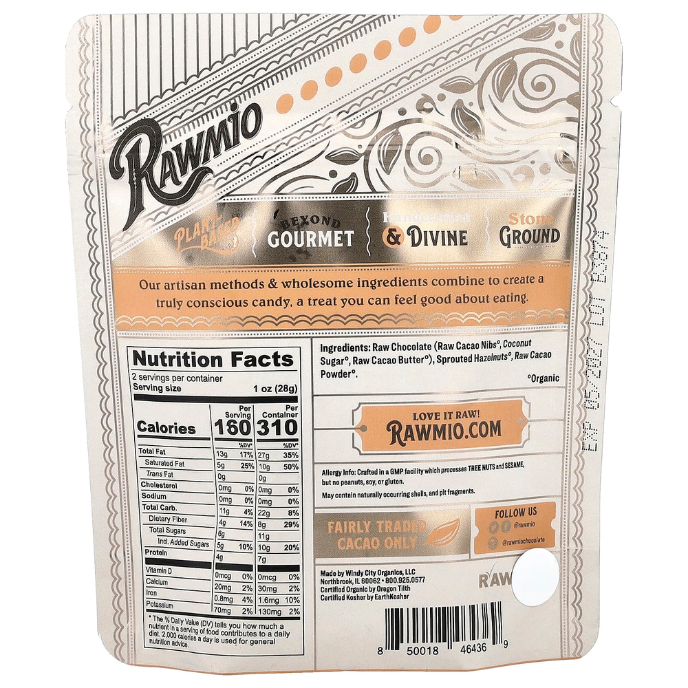 Rawmio, Пророщенный фундук в шоколаде, 56,7 г (2 унции)