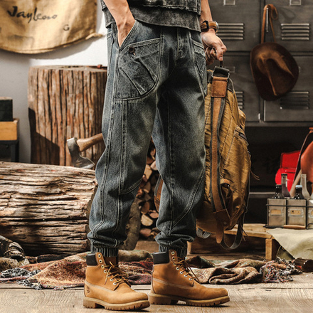 Джинсы мужские с резинками внизу брючина от бренда JIELEINUO