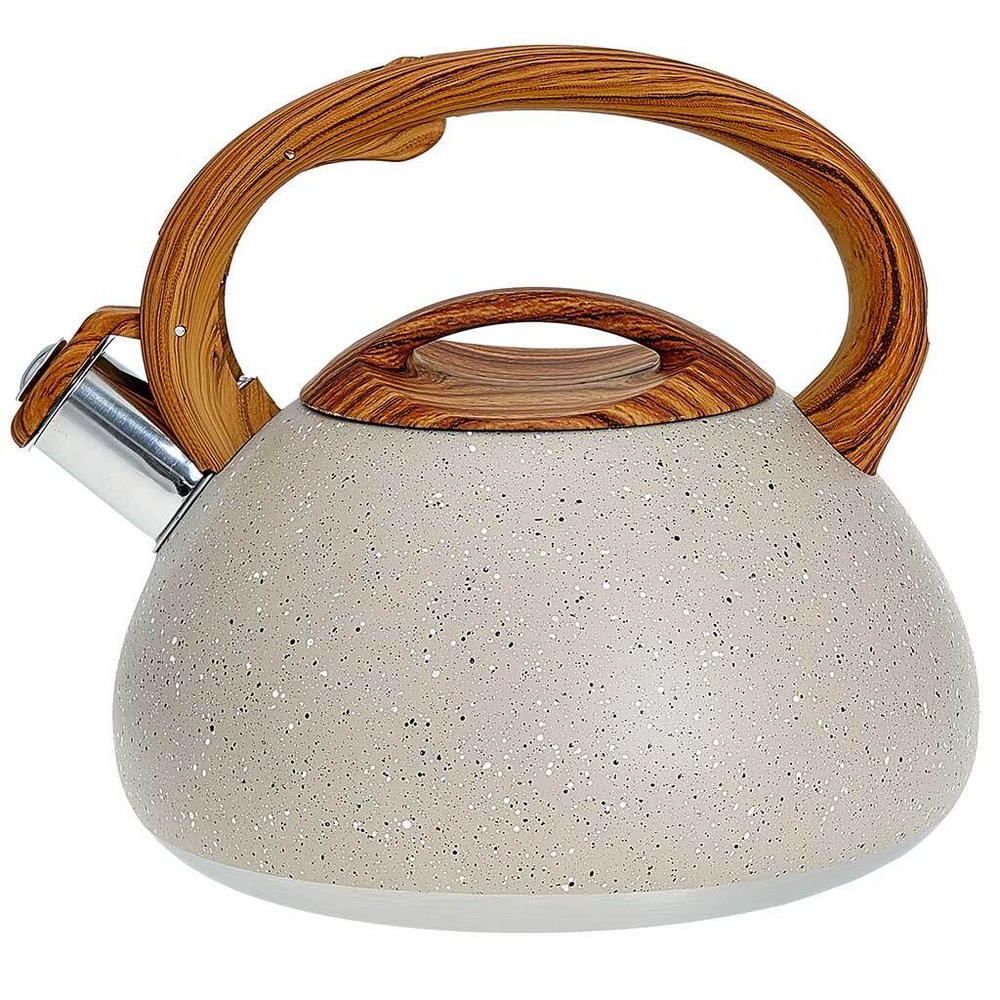 Чайник со свистком 3 л из нержавеющей стали, индукционное дно ALPENKOK AK-522 бежевый гранит, ручка светлое дерево