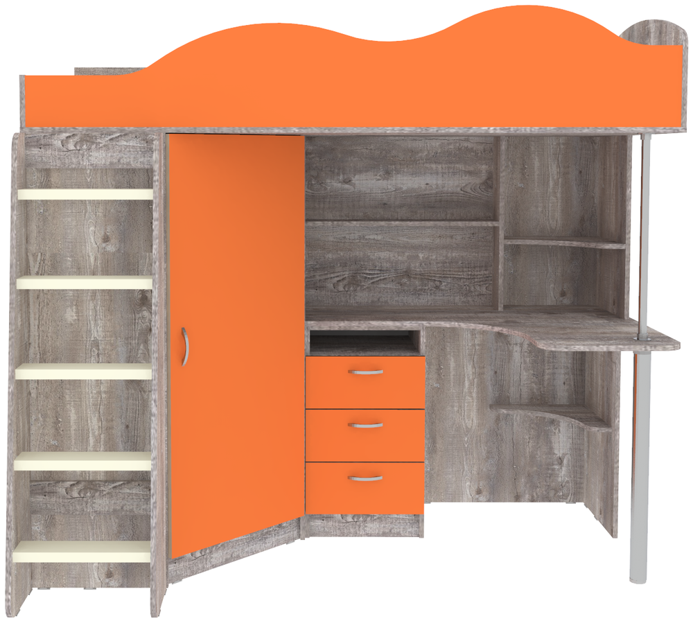 Кровать-чердак КарИВи Пионер с деревянной лестницей Бетон Оранжевый