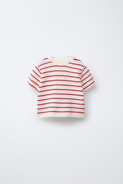 ZARA ТРИКОТАЖНАЯ ФУТБОЛКА В ПОЛОСКУ, ЭКРЮ/КРАСНЫЙ