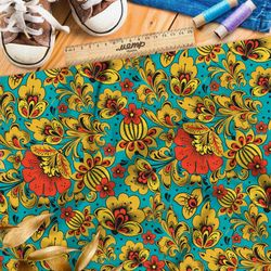 Ткань дюспо хохлома из маков и кактусов на бирюзовом фоне
