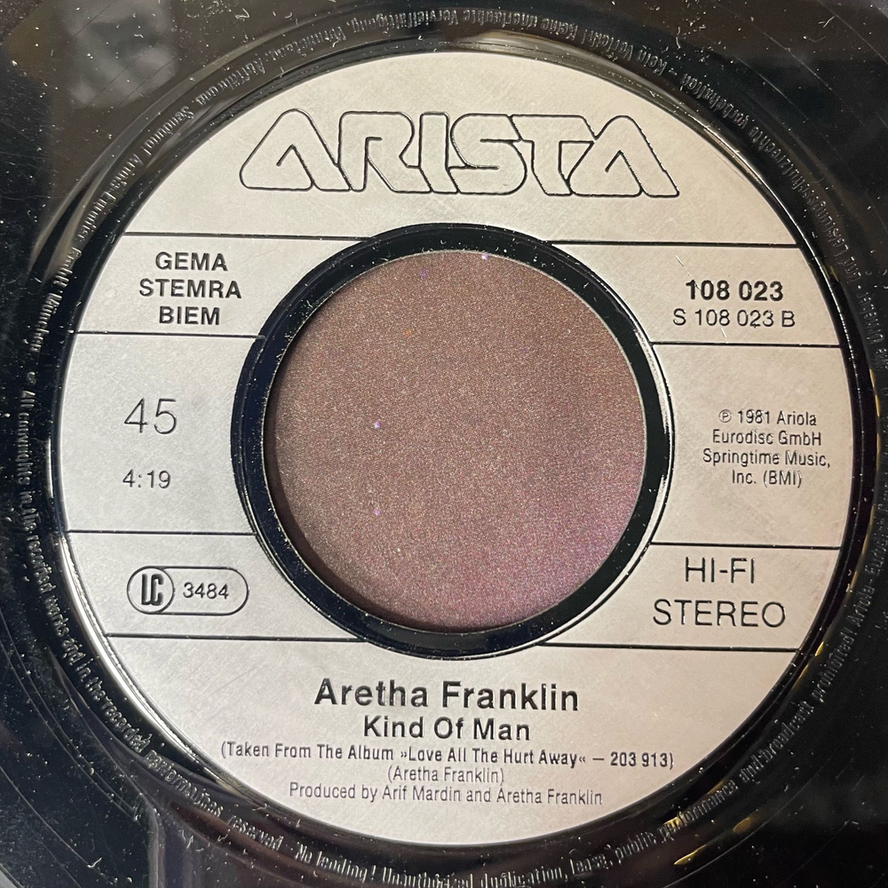 Винтажная виниловая пластинка 7 дюймов (маленькая пластинка) Aretha Franklin Another Night (Германия 1986)