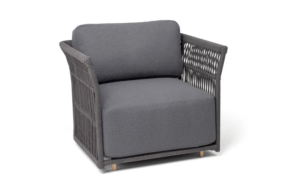 "Лугано" кресло плетеное из роупа, каркас алюминий темно-серый (RAL7024) муар, роуп темно-серый круглый, ткань темно-серая YB25-0027