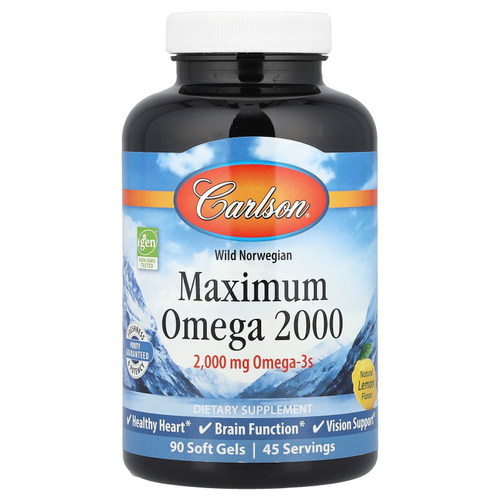 Carlson, Maximum Omega 2000, омега-3 кислоты из норвежской рыбы дикого улова, с натуральным лимонным вкусом, 2000 мг, 90 капсул (1000 мг в 1 капсуле)
