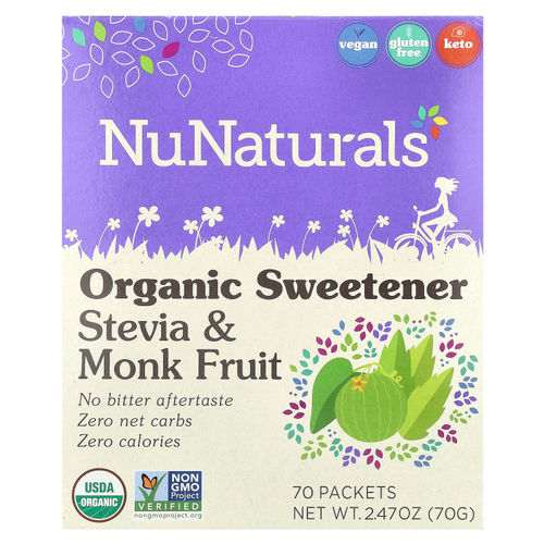 NuNaturals, Органический подсластитель, стевия и архат, 70 пакетиков, 2,47 унции (70 г)