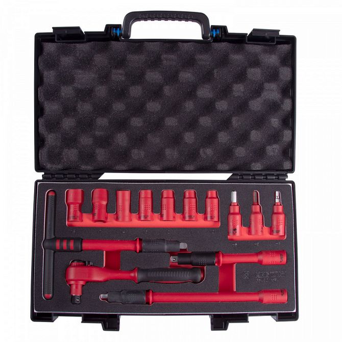 KING TONY (35VE01MRV) Набор торцевых диэлектрических головок с принадлежностями 3/8", шестигранные, 10-19 мм, 14 предметов