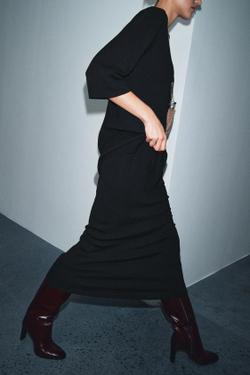 ZARA ТРИКОТАЖНАЯ ЮБКА МИДИ, ЧЕРНЫЙ