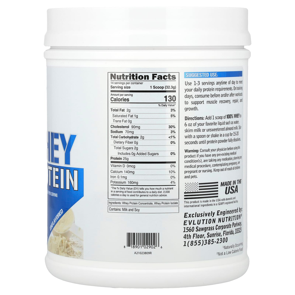 EVLution Nutrition, 100% сывороточный протеин, без добавок, 454 г (1 фунт)