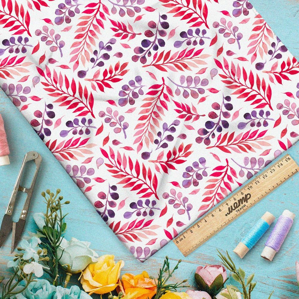 Ткань интерлок розовые фиолетовые листья стемпинг