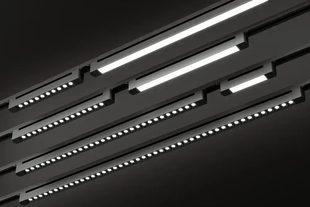 Трековая система освещения CITY 2TRA 220V 1.5м. Чёрный шинопровод осветительный двух-контактный однофазный трек подвесной/накладной 34x19x1500mm IP20/ коннектор для подключения и заглушка в комплекте