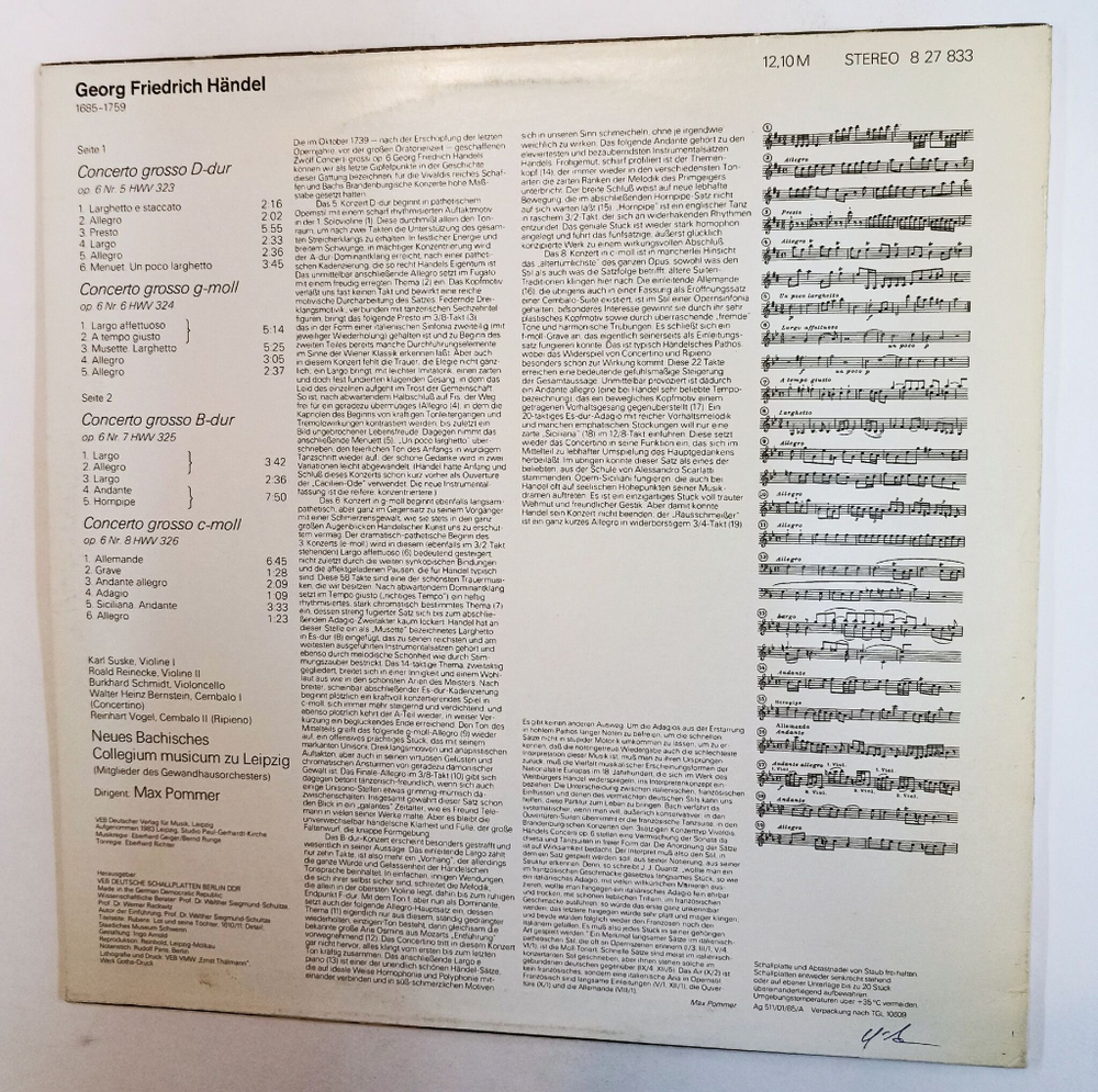 Винтажная виниловая пластинка LP Handel Гендель, Neues Bachisches Collegium Musicum Leipzig, Max Pommer Concerti Grossi Op. 6 Nr. 5 8 (ГДР 1985)