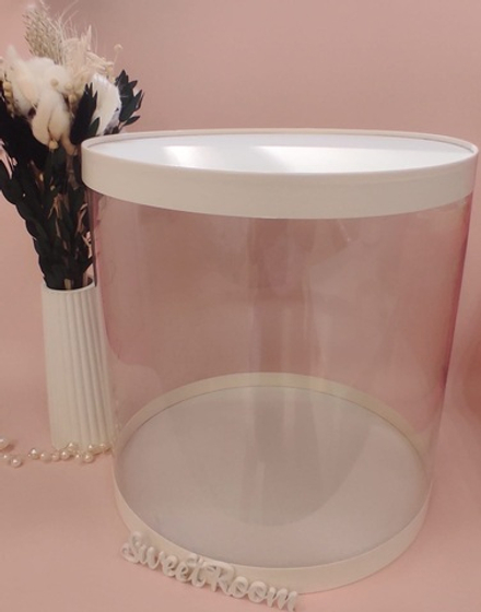 Коробка для торта прозрачная ТУБУС диам.300мм выс.300мм (белая/золото)