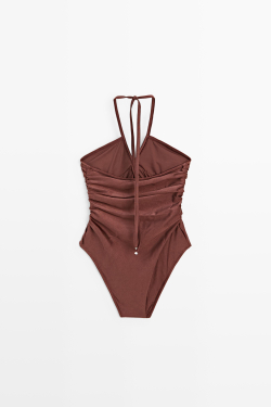 Massimo Dutti Купальник с горловиной халтер с блестками, коричневый