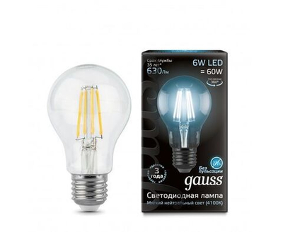 Лампа Gauss Filament ЛОН A60 E27 6W(630lm) 4100K 4K 105x60 филамент (нитевидная), прозрачная 102802206