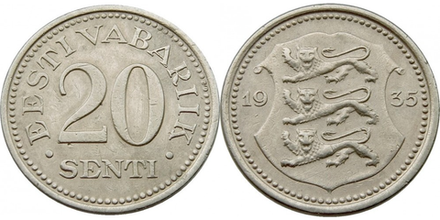 Эстония 20 сентов, 1935 Герб VF