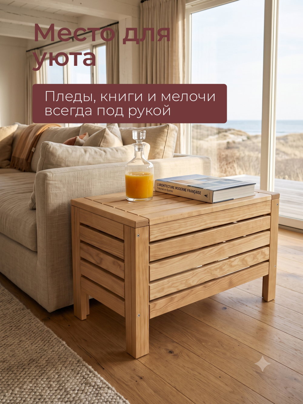 Сундук скамья 72×37×45, Эпларо, деревянный, для хранения вещей и как скамья, бежевый (бейц), Dipriz