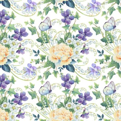 Розы, плющ и фиалки на белом фоне