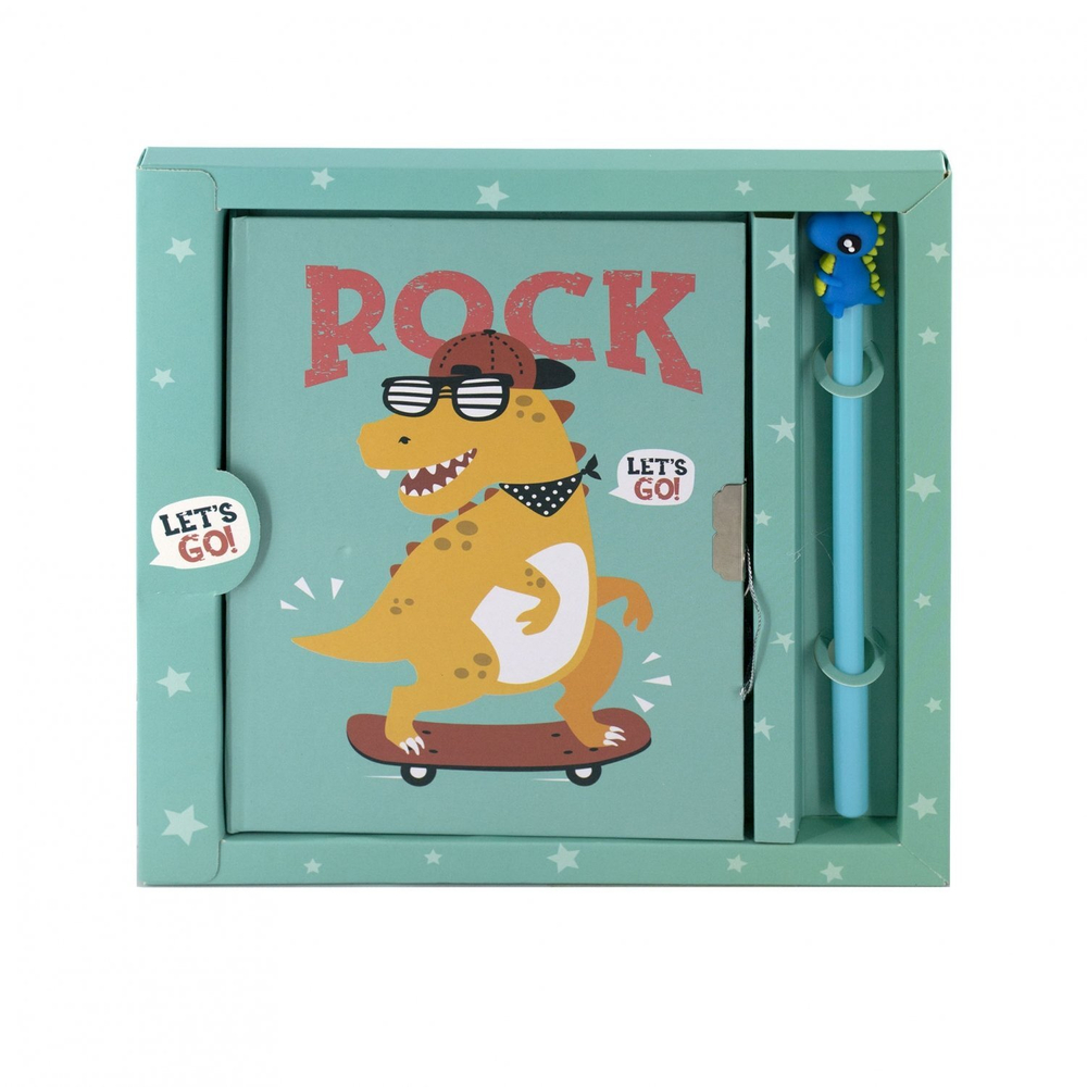 Записная книжка в футляре 21,0 см * 21,0 см , 7БЦ, Alingar, ламинация, ручка, замочек, 45 л., клетка, "Веселый дино", бирюзовый