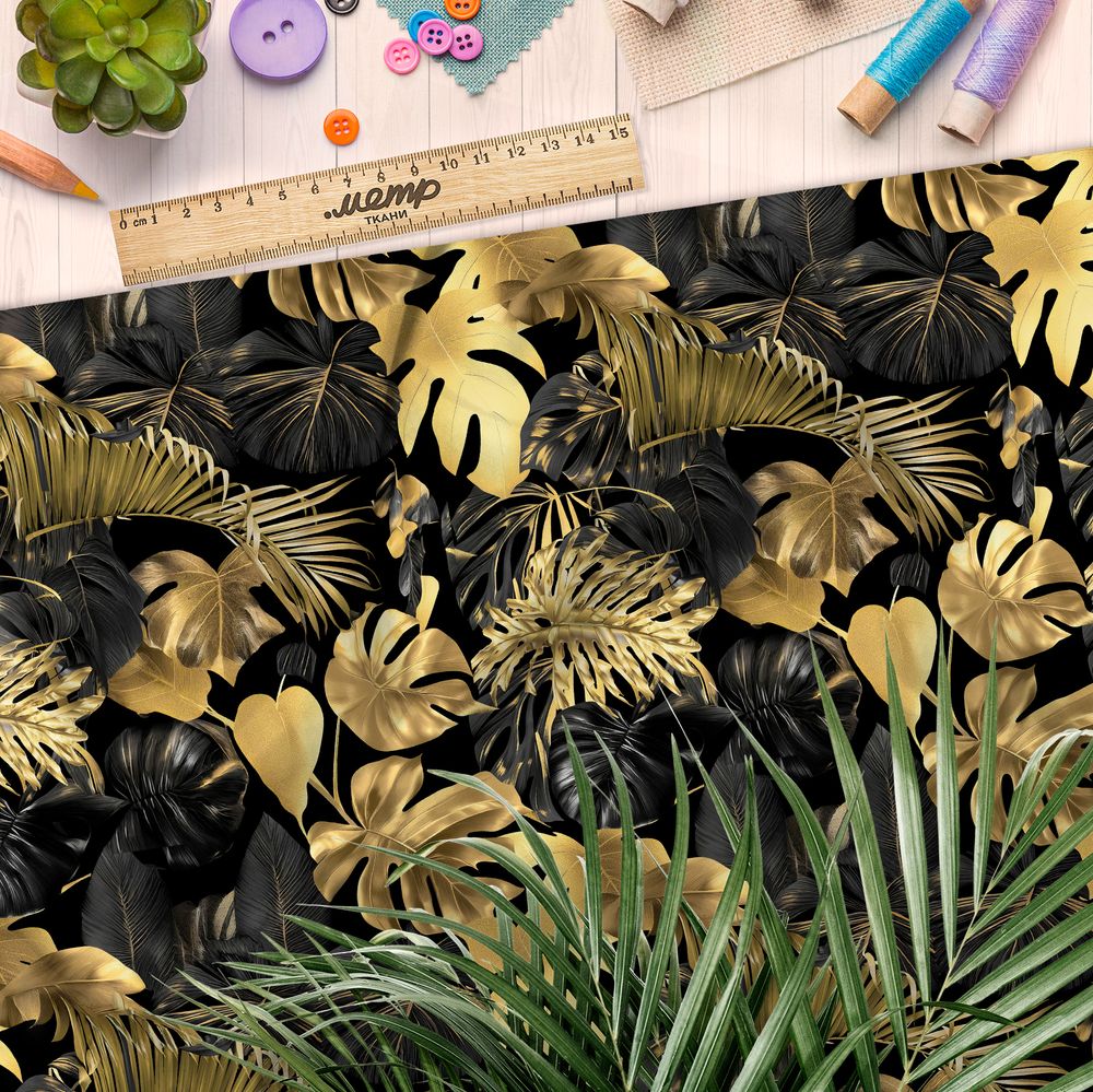 Ткань атлас золотистые листья монстеры