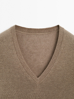 Massimo Dutti Вязаный свитер с длинными рукавами и V-образным вырезом, коричневый