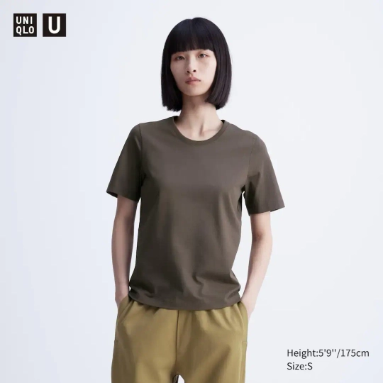 UNIQLO ХЛОПКОВАЯ ФУТБОЛКА С КРУГЛЫМ ВЫРЕЗОМ, ТЕМНО-КОРИЧНЕВЫЙ