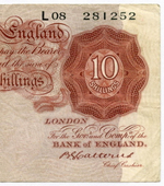 Банкнота Англия 10 шиллингов 1929 год L08 281252 (подпись B.G.Catterns). VF (Очень редкая)