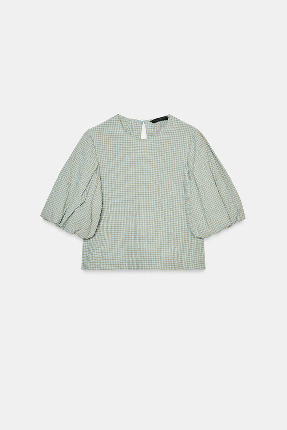 ZARA ТОП В КЛЕТКУ С ОБЪЕМНЫМИ РУКАВАМИ, КОРИЧНЕВО-СИНИЙ