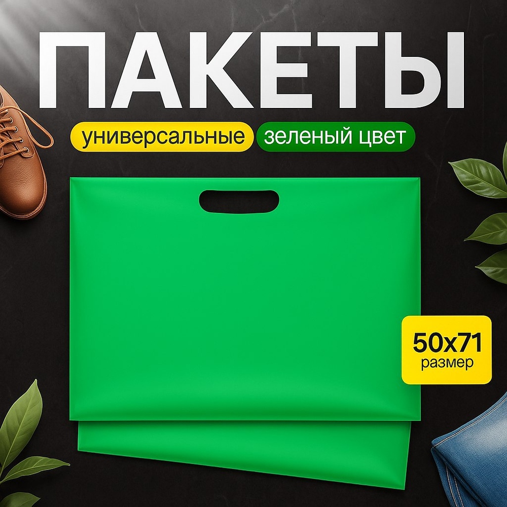 Пакет полиэтиленовый зелёный 50х71 см 70 мкм с вырубными ручками