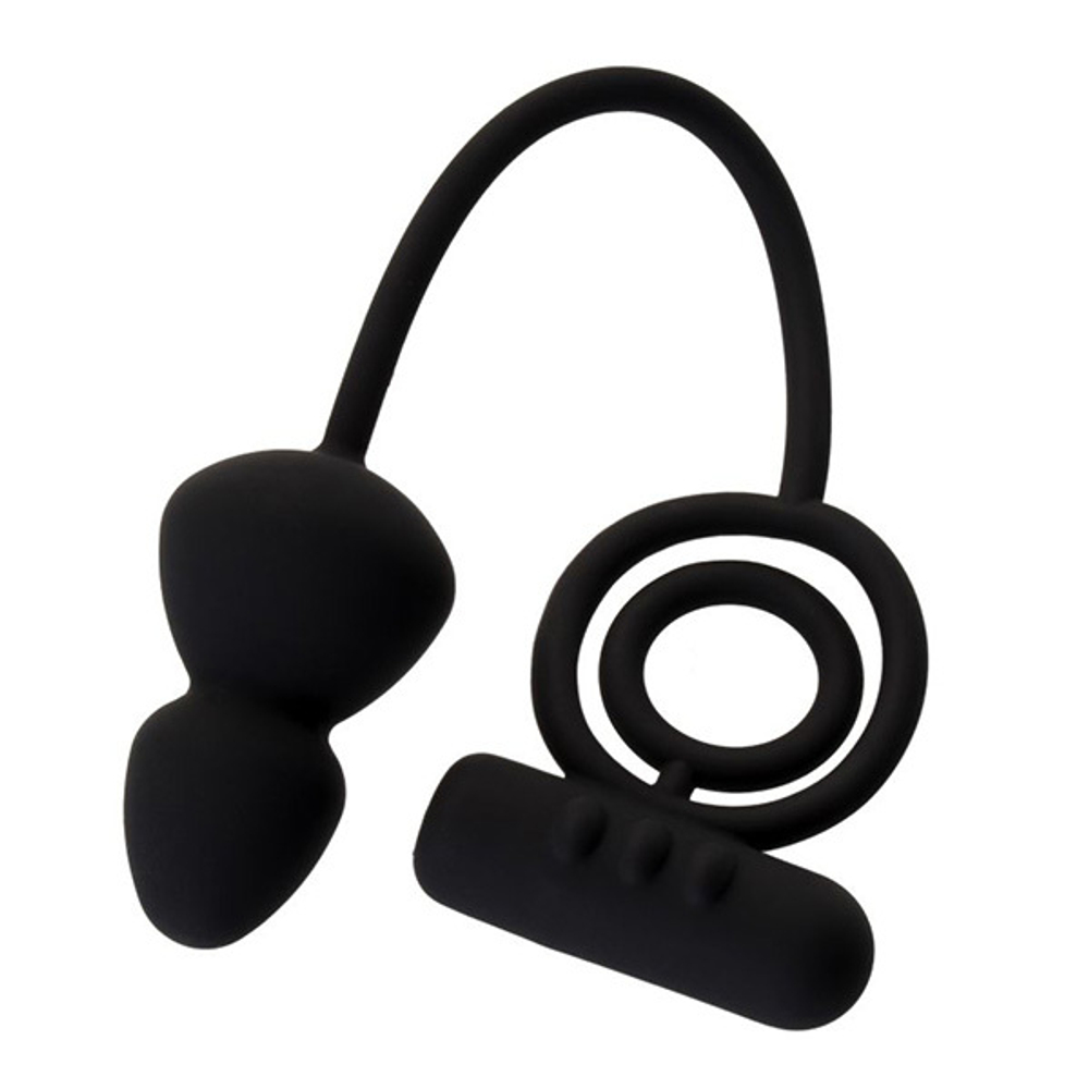 Чёрное эрекционное кольцо 2см с вибростимулятором и анальным хвостом Erotist Toy Multi-Purpose Anal Plug Ruffle Size S