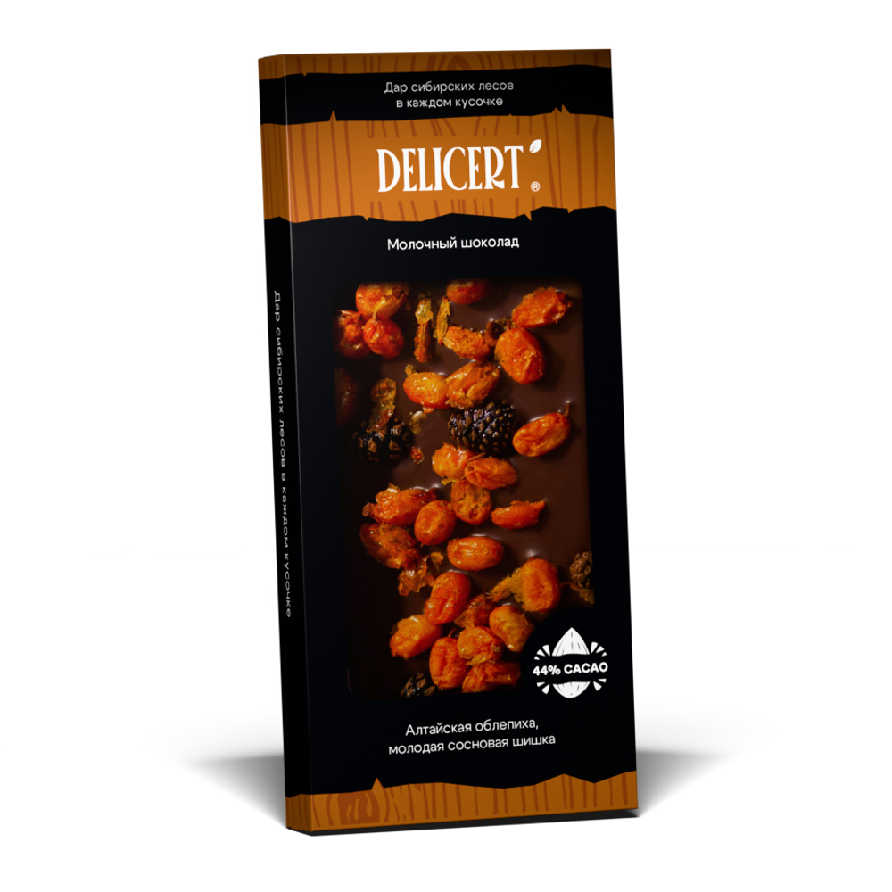 Шишка молодая сосновая и алтайская облепиха в молочном шоколаде DELICERT. 75 гр.