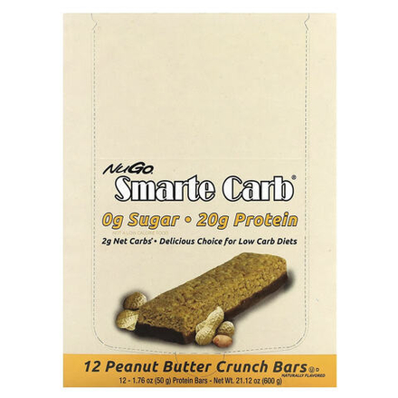NuGo Nutrition, Протеиновый батончик Smarte Carb®, хрустящая арахисовая паста, 12 батончиков, 52 г (1,83 унции)