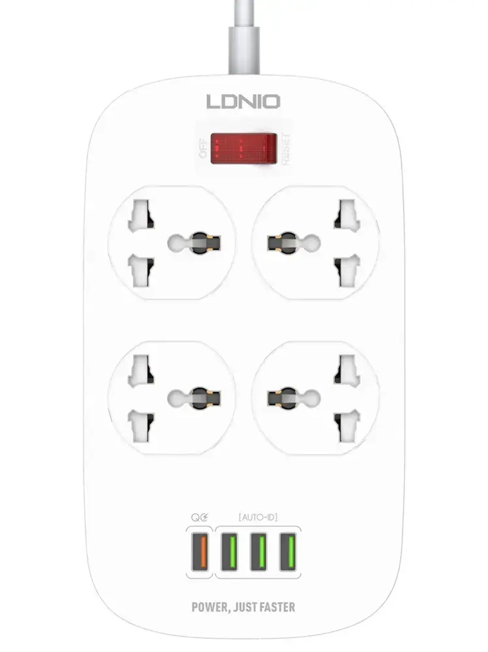 LDNIO cетевой фильтр с умной зарядкой, модель SC4407Q, 2 метра, 4 USB, тройник разветвитель с заземлением и выключателем, белый