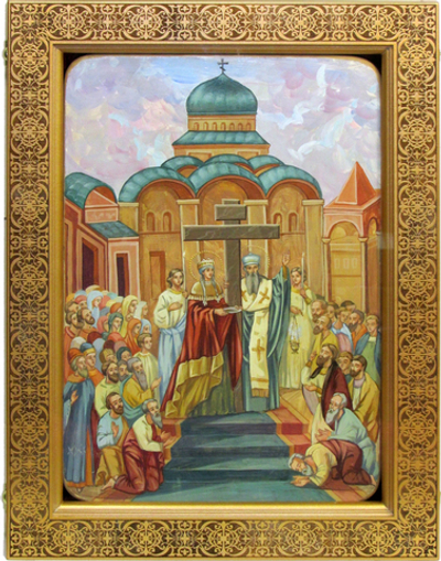 Живописная икона Воздвижение Святого Креста Господня 42х29см на кипарисе в березовом киоте