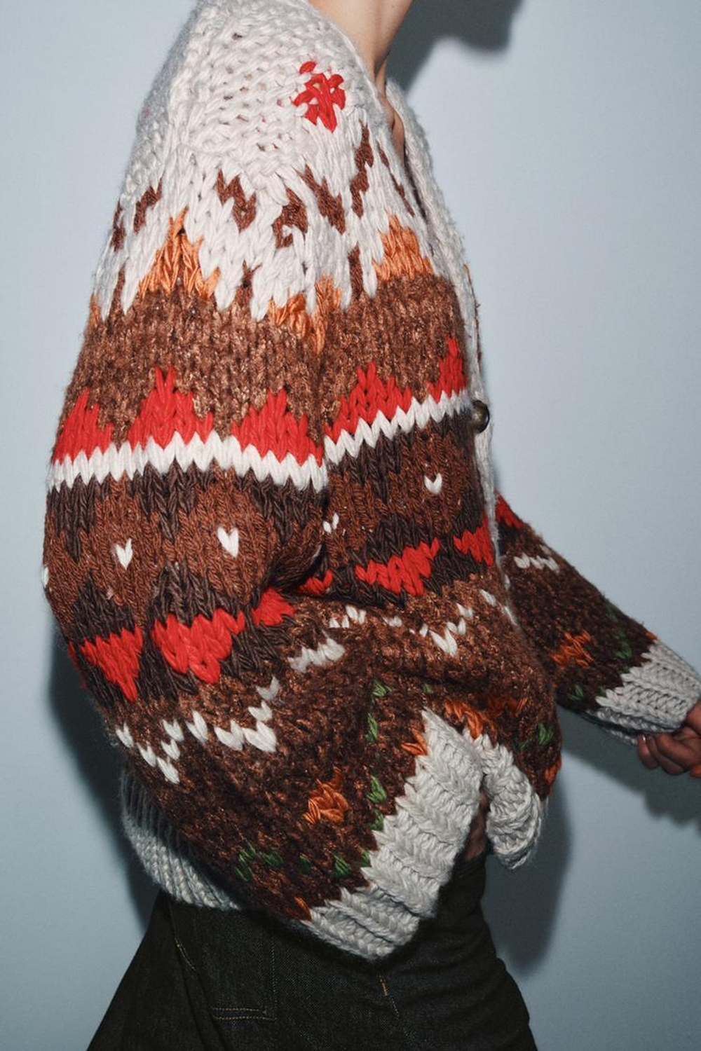 ZARА ЖАККАРДОВЫЙ ТРИКОТАЖНЫЙ КАРДИГАН, БЕЖЕВО-КОРИЧНЕВЫЙ