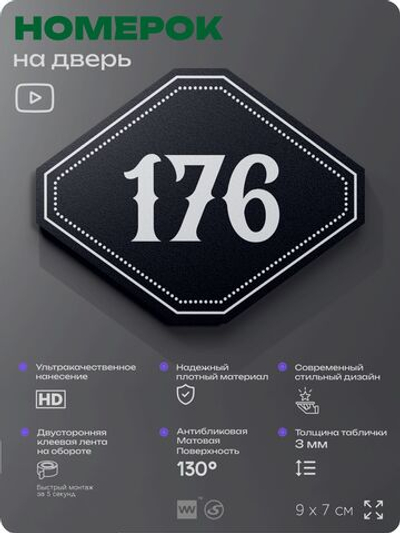 Номерок на дверь квартиры 176, для кабинета, офиса, шильдик 9 х 7 см, черный, Айдентика Технолоджи