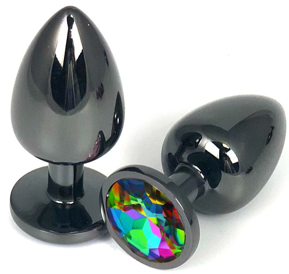 Черная металлическая анальная пробка с разноцветным стразом - 9 см. (Цвет: разноцветный)