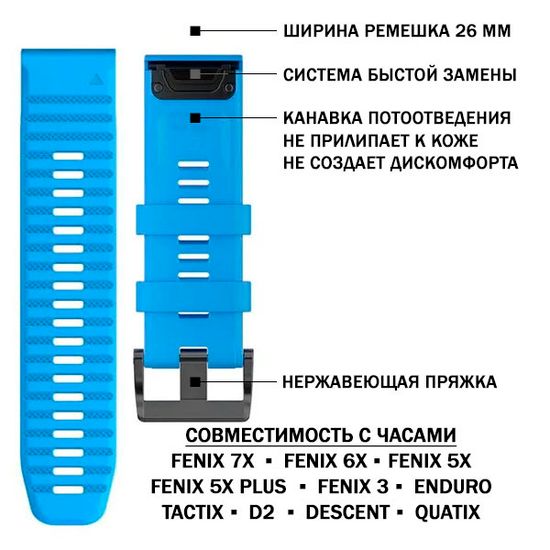 Ремешок силиконовый 26 мм. Premium для Garmin Fenix 7x/6x/5x/5x plus/3, Descent, Tactix, Enduro, D2, быстросъемный QuickFit (Голубой)