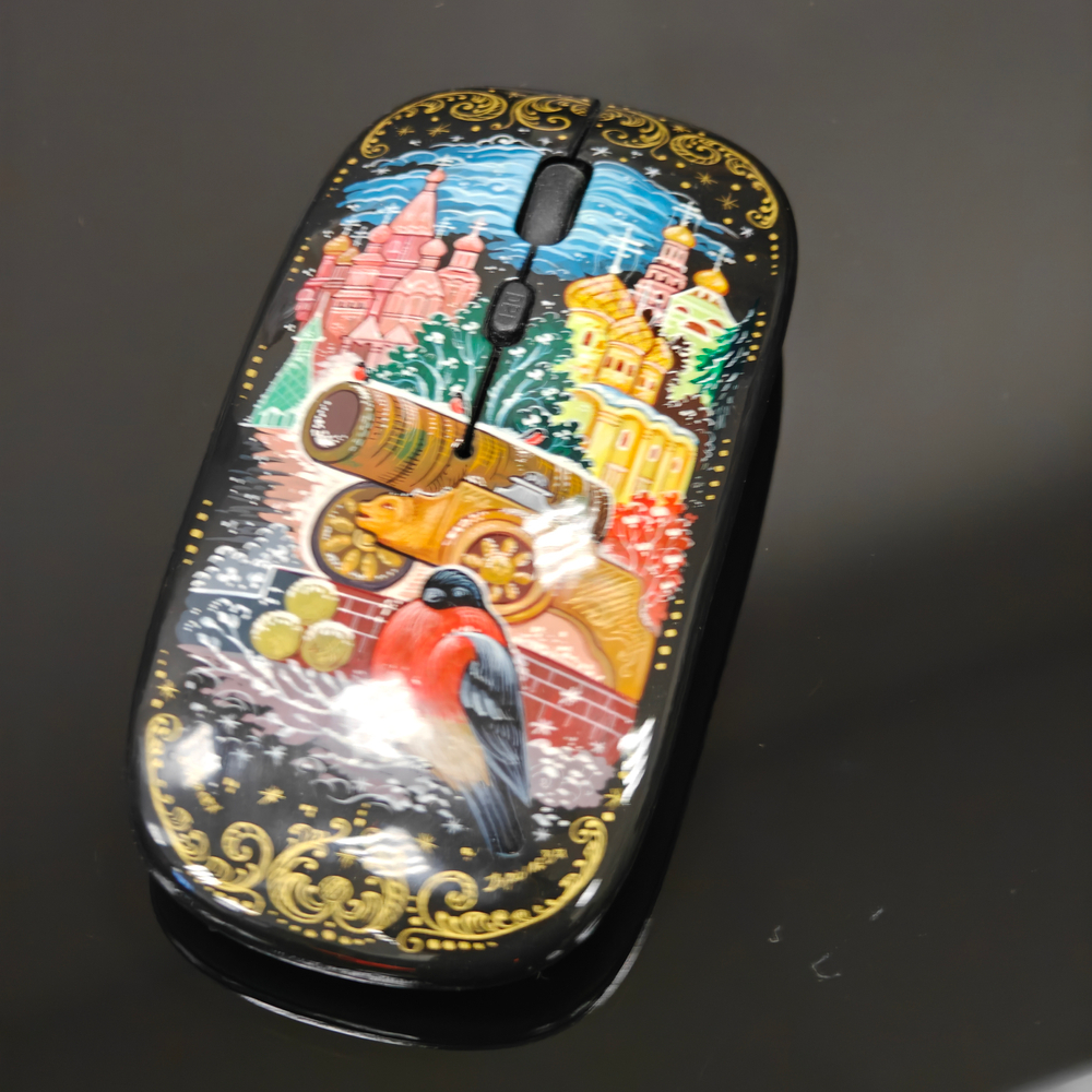 Мышь беспроводная, с ручной росписью Палех "Москва. Царь-пушка"