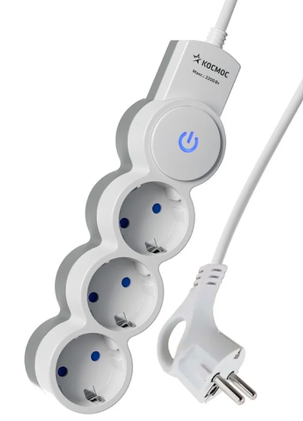 Удлинитель 3гн 1,5м с выкл. белый 10А ПВС3х0,75 КОСМОС