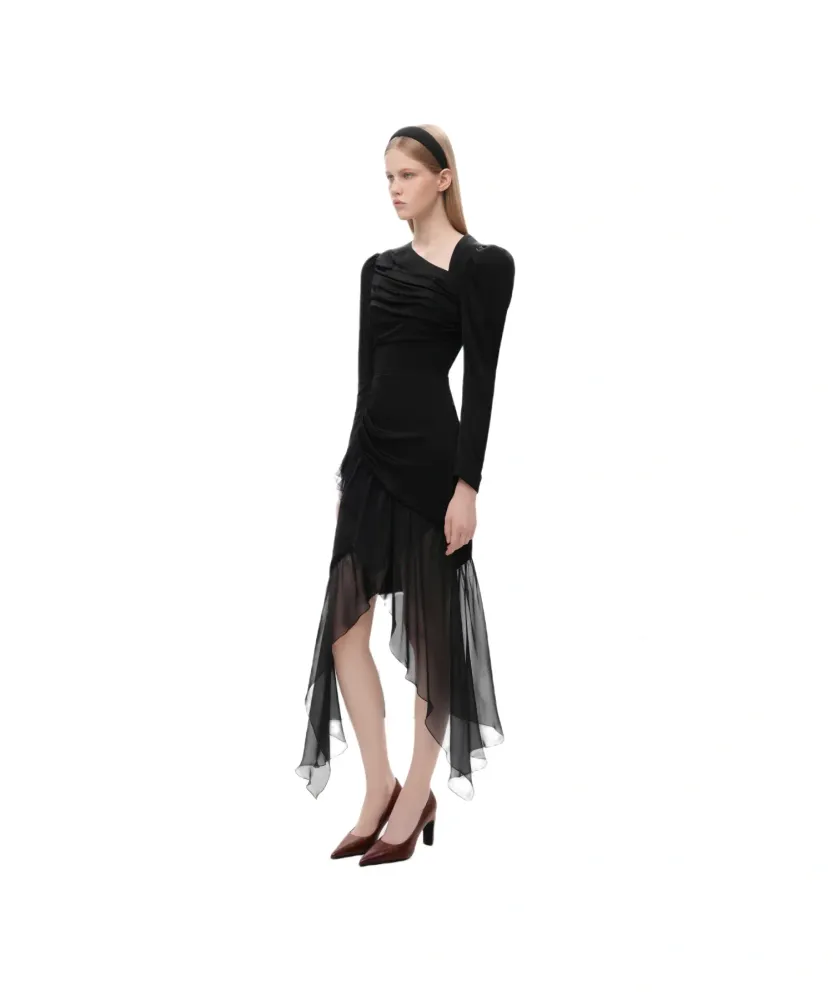 Orlene, платье миди из черной вискозы и шифона