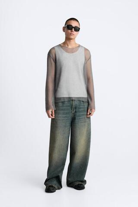 ZARA ФУТБОЛКА ИЗ СЕТЧАТОГО ТРИКОТАЖА, СЕРЫЙ