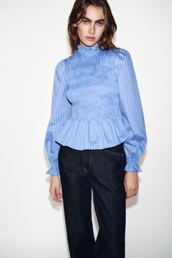 ZARA РУБАШКА В ПОЛОСКУ ИЗ ТКАНИ «ВАФЛЯ», ЭКРЮ/КРАСНЫЙ