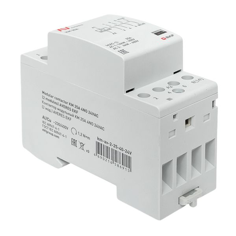Контактор модульный КМ 25А 4NO 24В АС (2 мод.) AVERES EKF