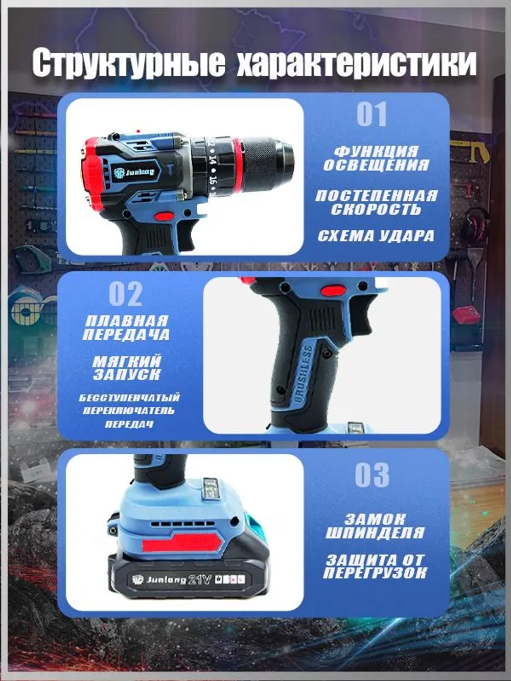 Junlong Дрель-шуруповерт, 21 В, 600 Нм, 2 АКБ