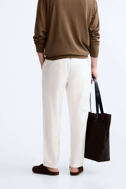 ZARA БРЮКИ ИЗ ХЛОПКА И ЛЬНА, ЖЕЛТОВАТО-БЕЛЫЙ