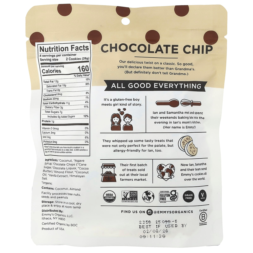 Emmy's Organic Cookies, мягкое жевательное печенье с кокосом, шоколадная крошка, 113 г (4 унции)