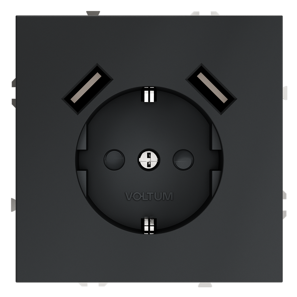 Розетка встраиваемая VOLTUM S70 с заземлением и защитными шторками, 16А, с USB, A+A, (графит)