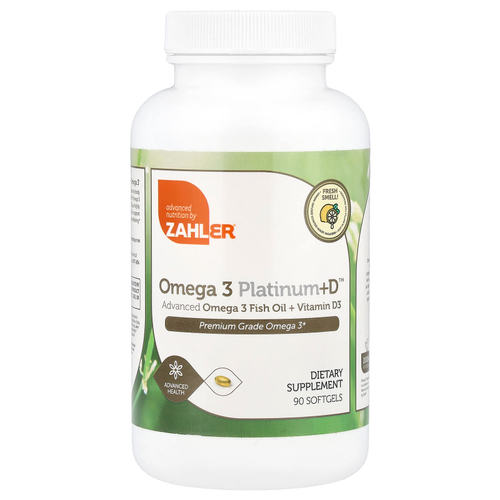 Zahler, Omega 3 Platinum+D, усовершенствованный рыбий жир с омега-3 и витамином D3, 2000 мг, 90 капсул (1000 мг на капсулу)
